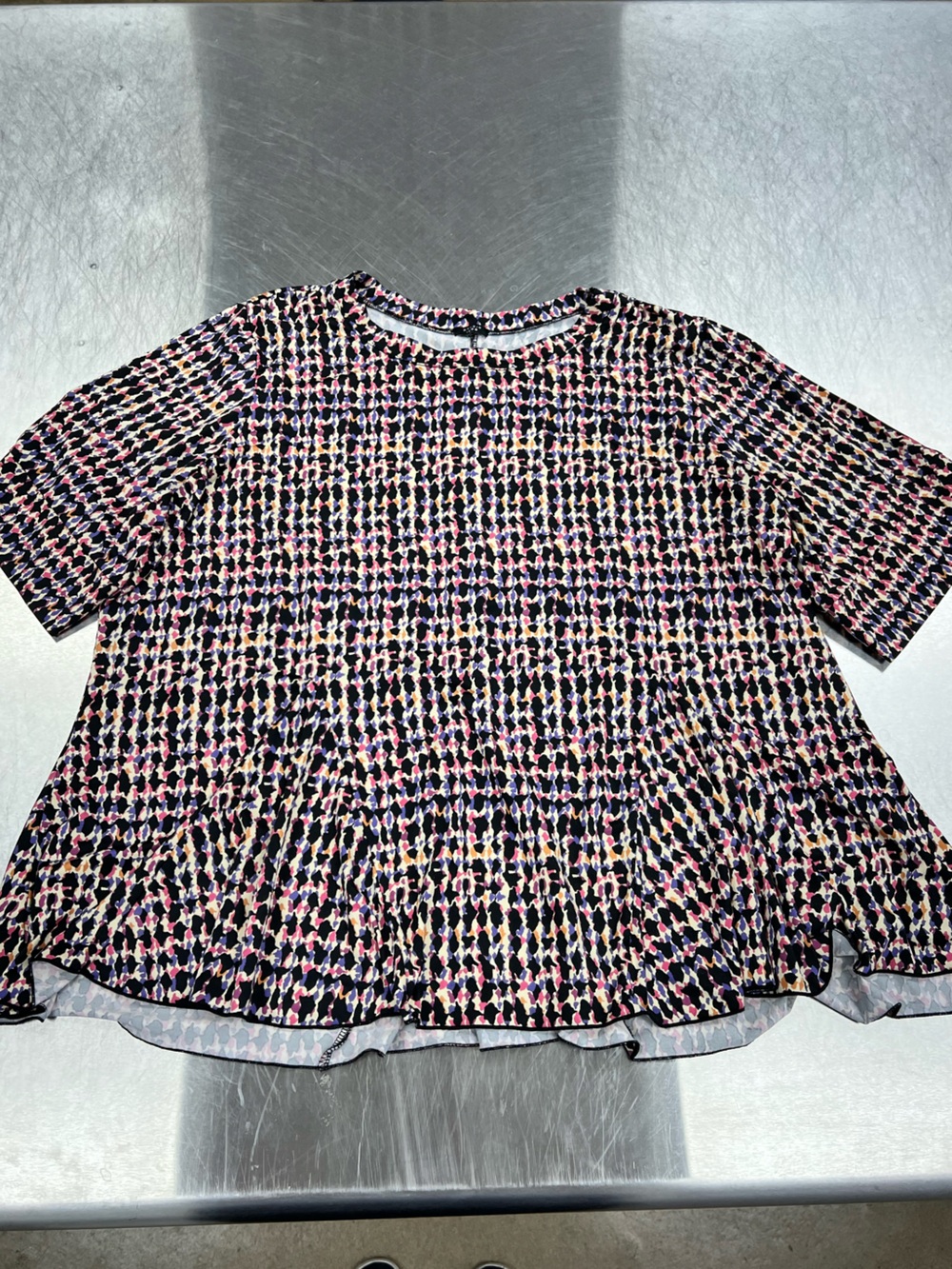 Studio 1886 Multicolor Geometric Peplum Short Sleeve Top — Black, Pink, Cream 2X